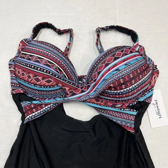 Swimsuits For All Black Aztec Print Cut Out Strappy One Piece Size 14 Vacation - Picture 3 of 7